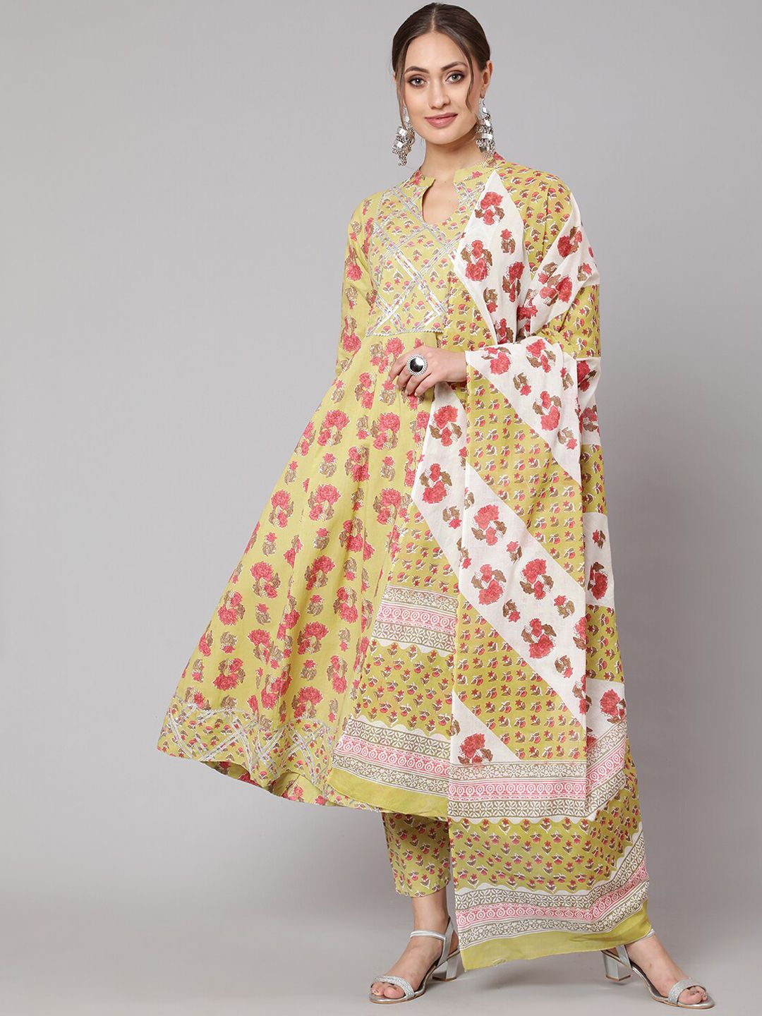 THE NKS PLUS Women Yellow Printed Pleated Pure Cotton Kurti with Trousers & With Dupatta Price in India