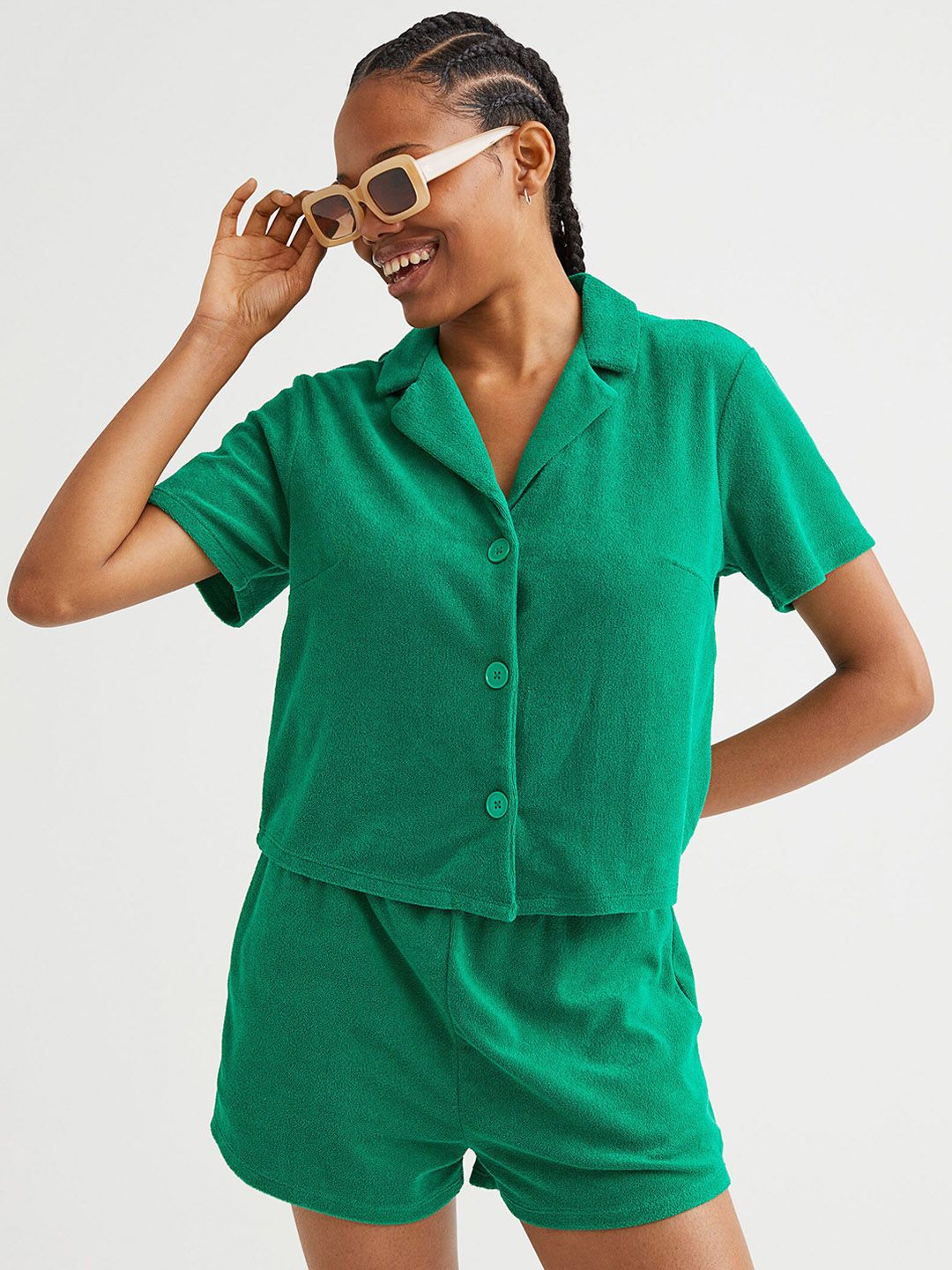 H&M Women Green Terry Shorts