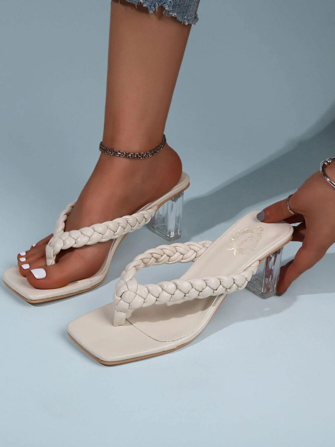 Shoetopia Cream-Coloured Embellished Block Sandals