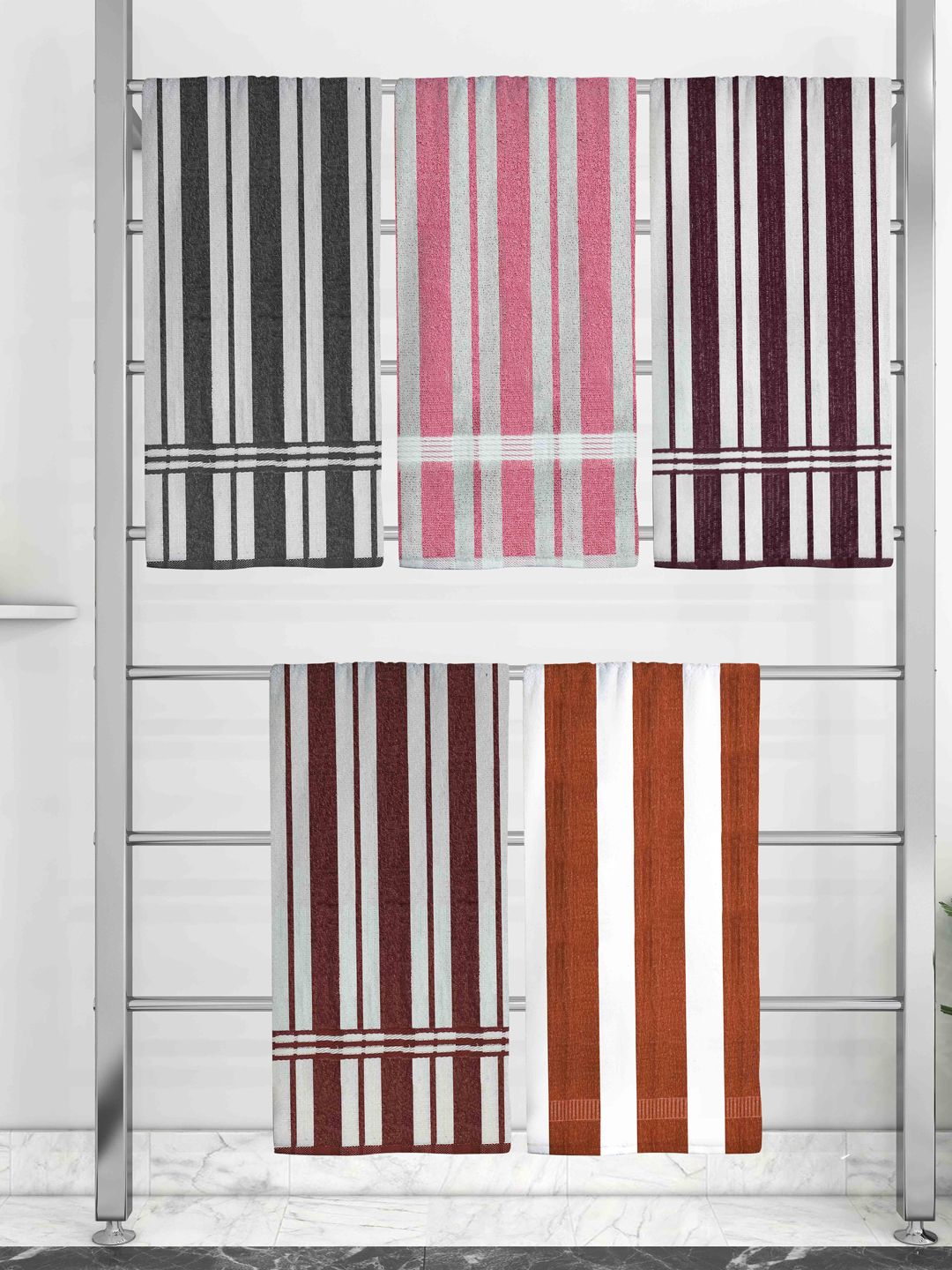 Athom Trendz Set Of 5 Striped 210 GSM Pure Cotton Bath Towels Price in India