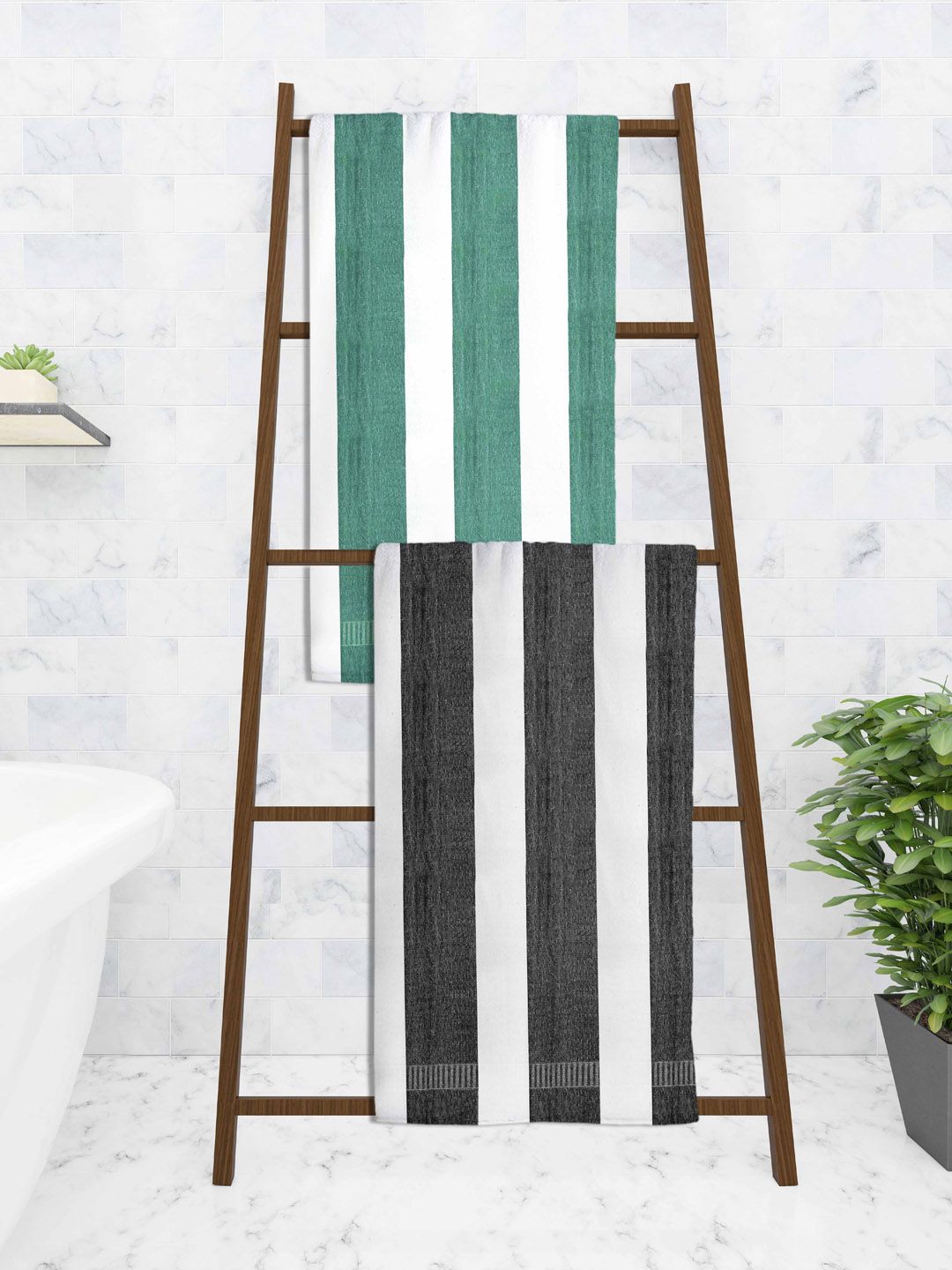 Athom Trendz Set Of 2 Striped 210 GSM Pure Cotton Bath Towels Price in India