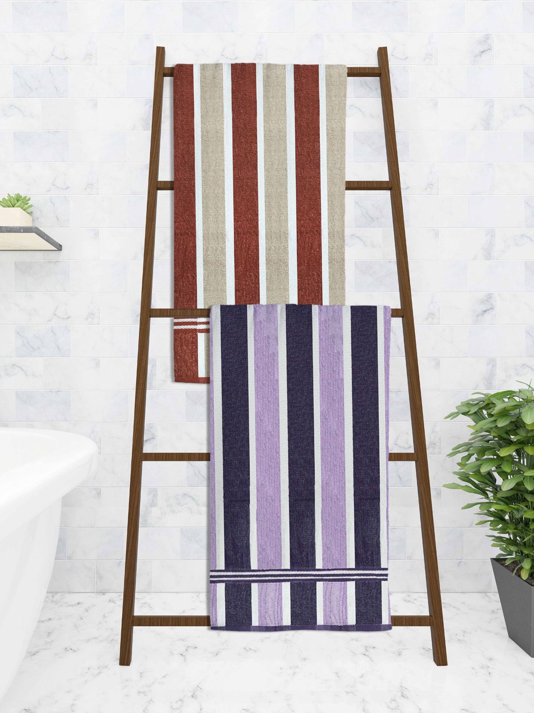 Athom Trendz Set Of 2 Striped 210GSM Cotton Bath Towels Price in India