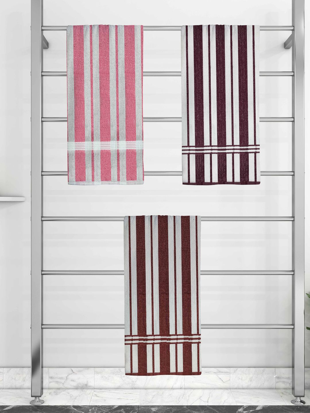 Athom Trendz Set Of 3 Striped 210 GSM Pure Cotton Bath Towels Price in India