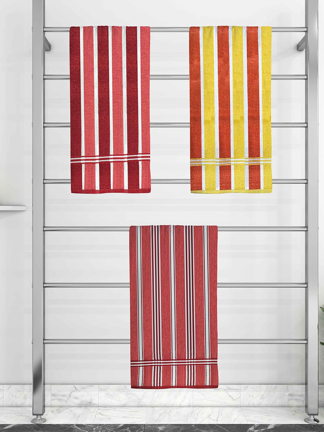 Athom Trendz Set Of 3 Striped 210 GSM Pure Cotton Bath Towels Price in India