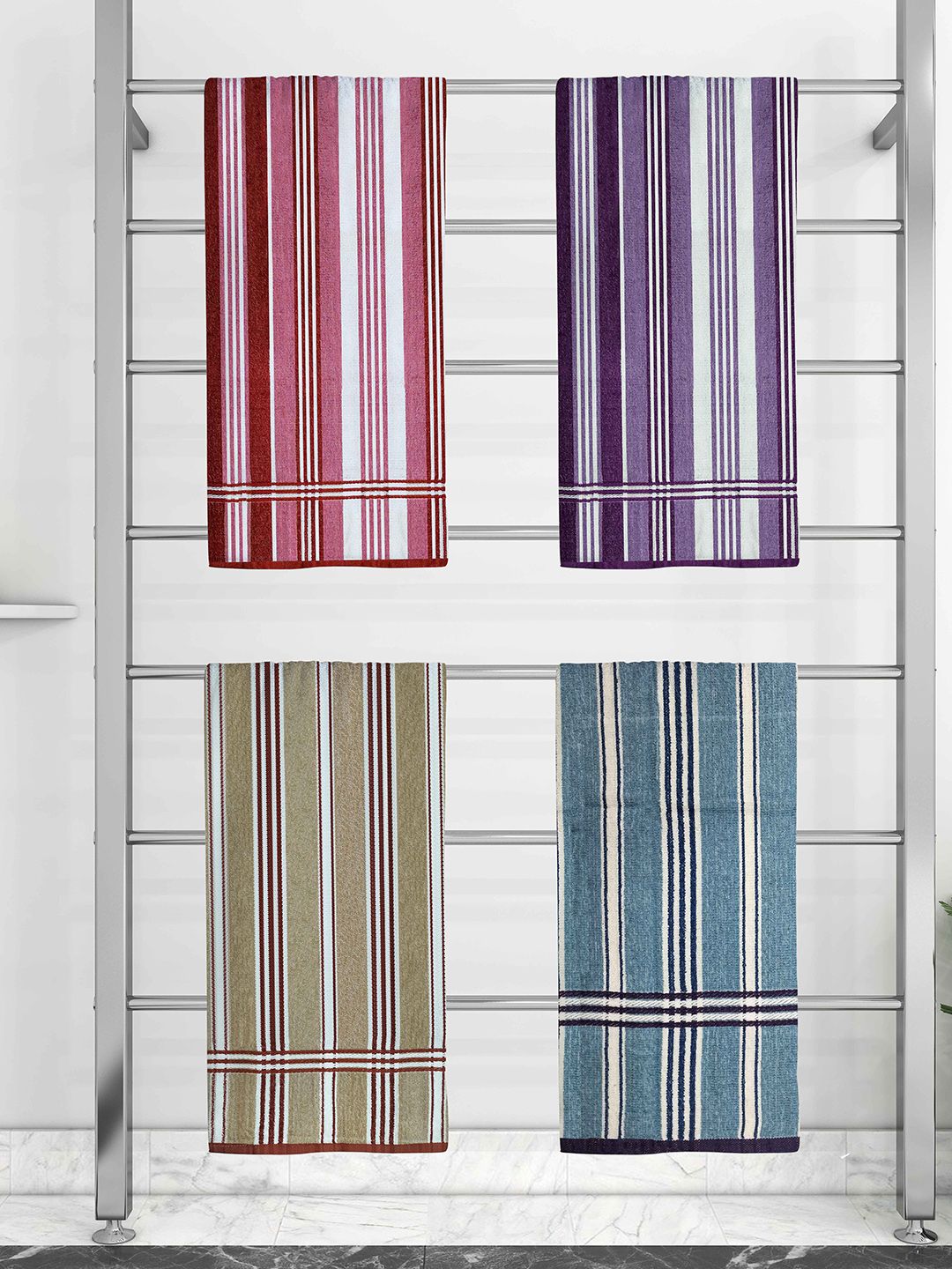 Athom Trendz Set Of 4 Striped 210 GSM Pure Cotton Bath Towels Price in India