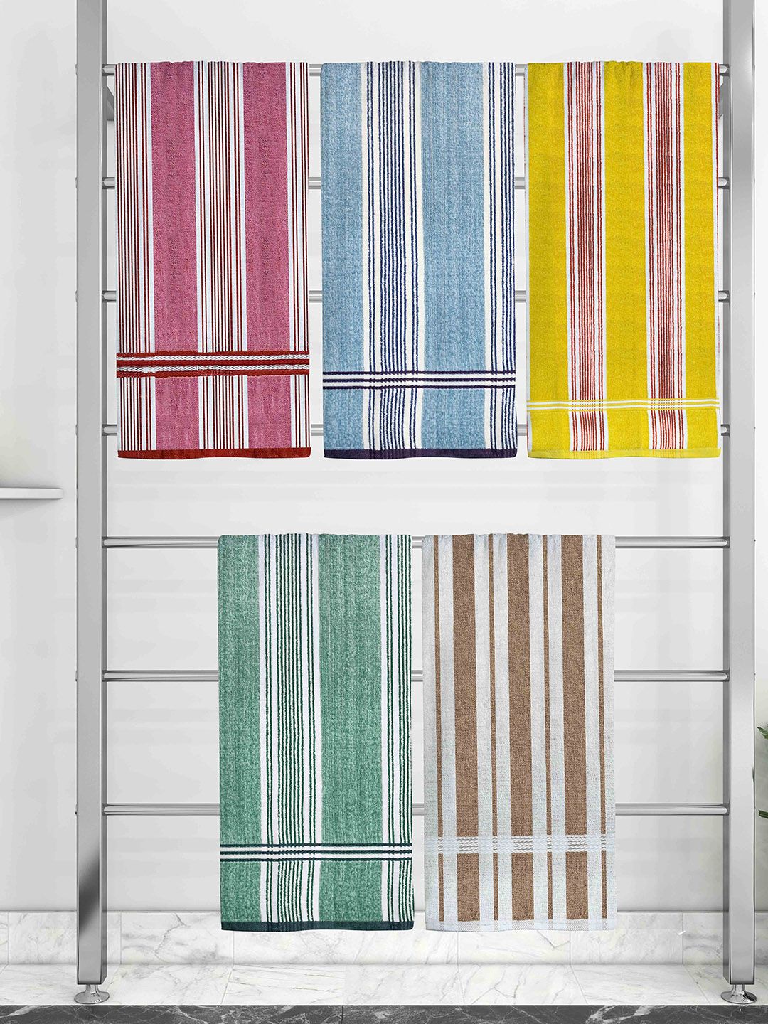 Athom Trendz Set Of 5 Striped 210 GSM Pure Cotton Bath Towels Price in India