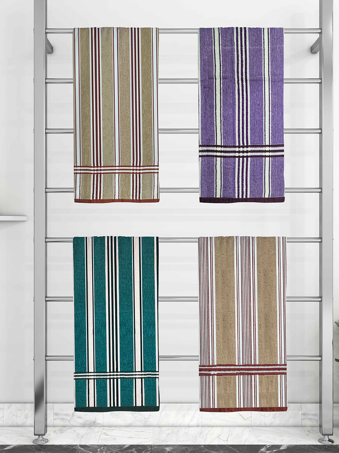 Athom Trendz Set Of 4 Striped 210 GSM Pure Cotton Bath Towels Price in India