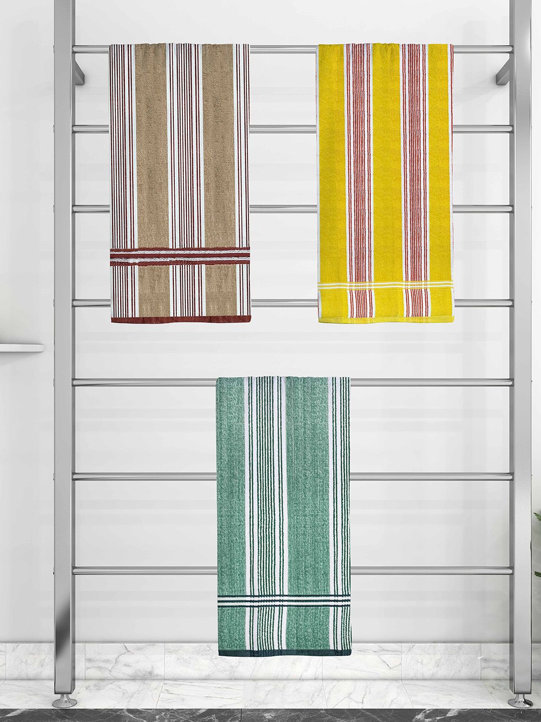 Athom Trendz Set Of 3 Striped 210 GSM Pure Cotton Bath Towels Price in India