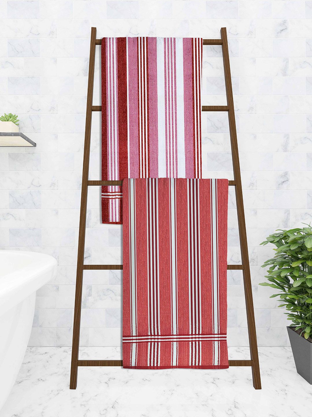 Athom Trendz Set Of 2 Striped Pure Cotton 210 GSM Bath Towel Price in India