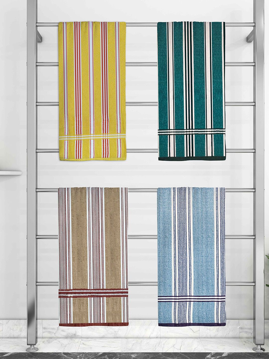 Athom Trendz Pack Of 4 Striped 210 GSM Pure Cotton Bath Towels Price in India