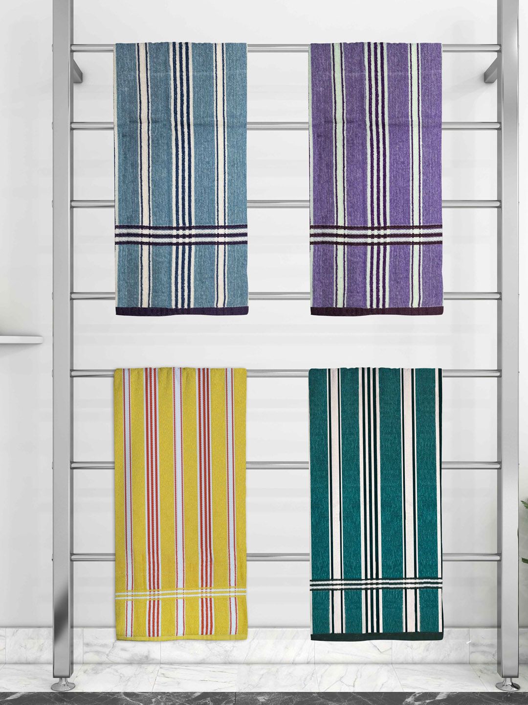 Athom Trendz Set Of 4 Striped 210 GSM Pure Cotton Bath Towels Price in India