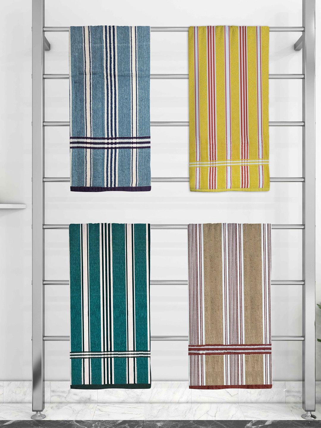 Athom Trendz Set Of 4 Striped 210 GSM Pure Cotton Bath Towels Price in India