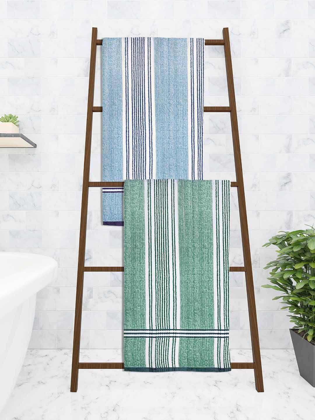 Athom Trendz Set Of 2 Multi-Colored Striped Printed 210GSM Pure Cotton Bath Towels Price in India