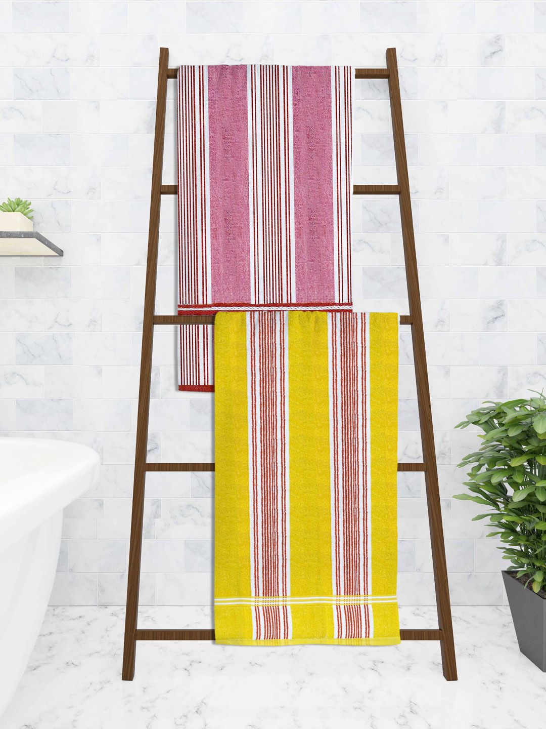 Athom Trendz Set Of 2 Pink & Yellow Striped 210 GSM Pure Cotton Bath Towels Price in India