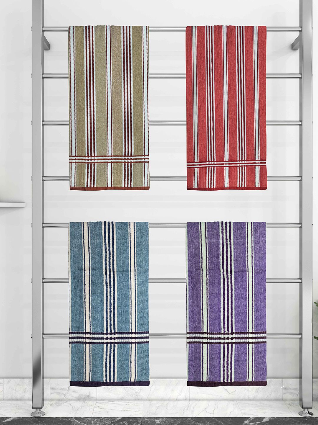 Athom Trendz Set Of 4 Striped 210 GSM Pure Cotton Bath Towels Price in India