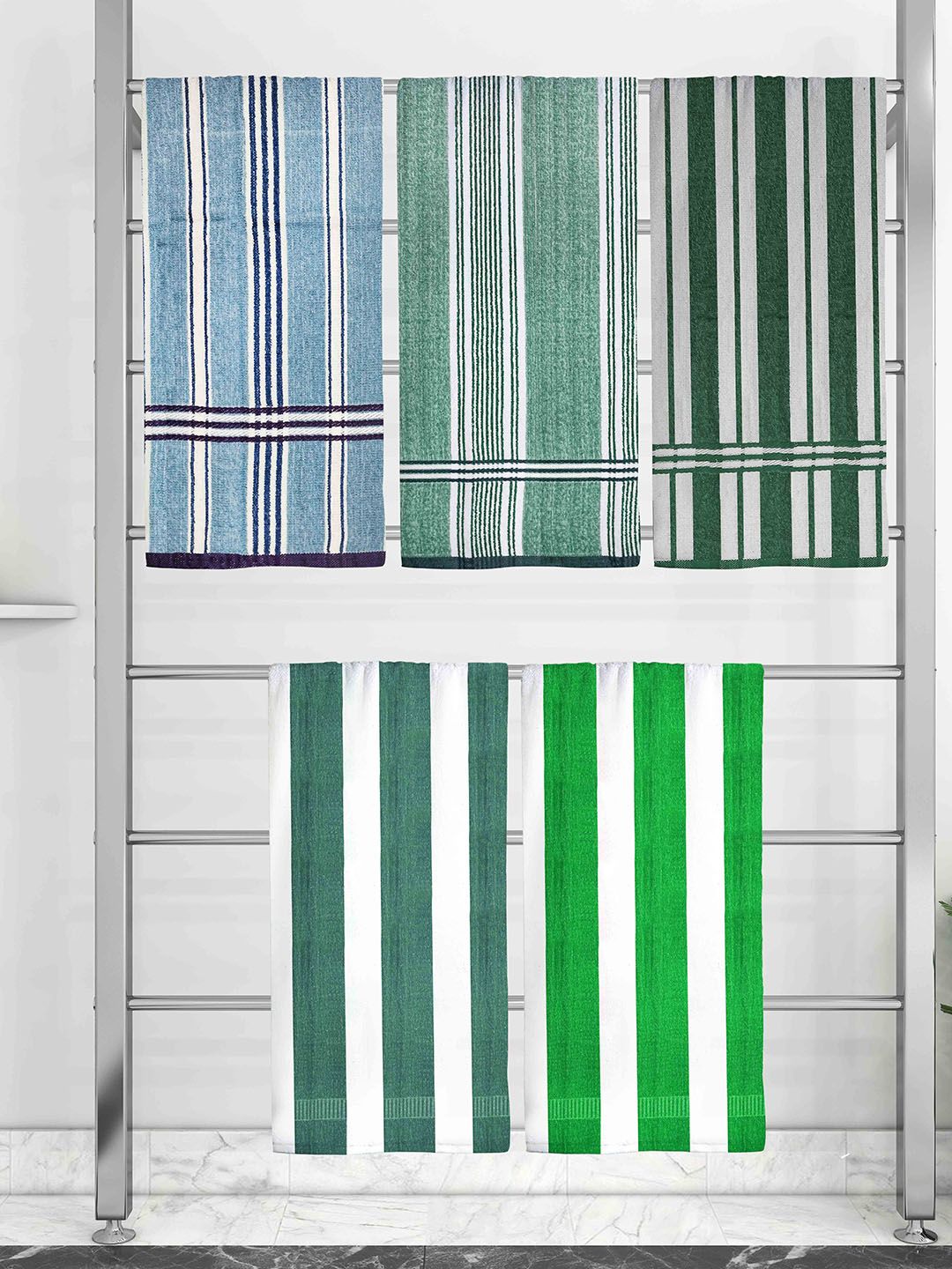 Athom Trendz Set Of 5 Striped 210 GSM Pure Cotton Bath Towels Price in India