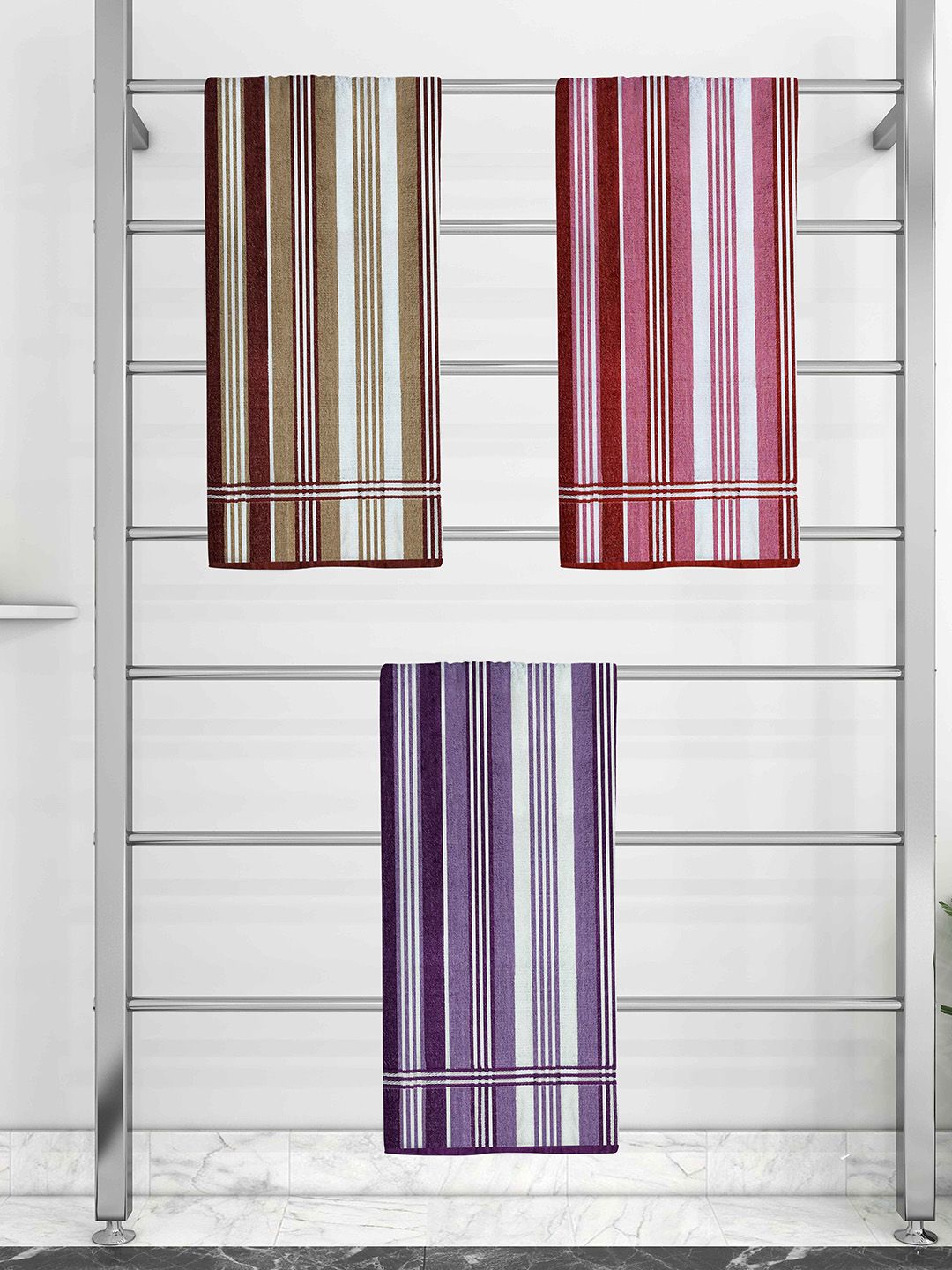 Athom Trendz Set Of 3 Striped 210 GSM Pure Cotton Bath Towels Price in India