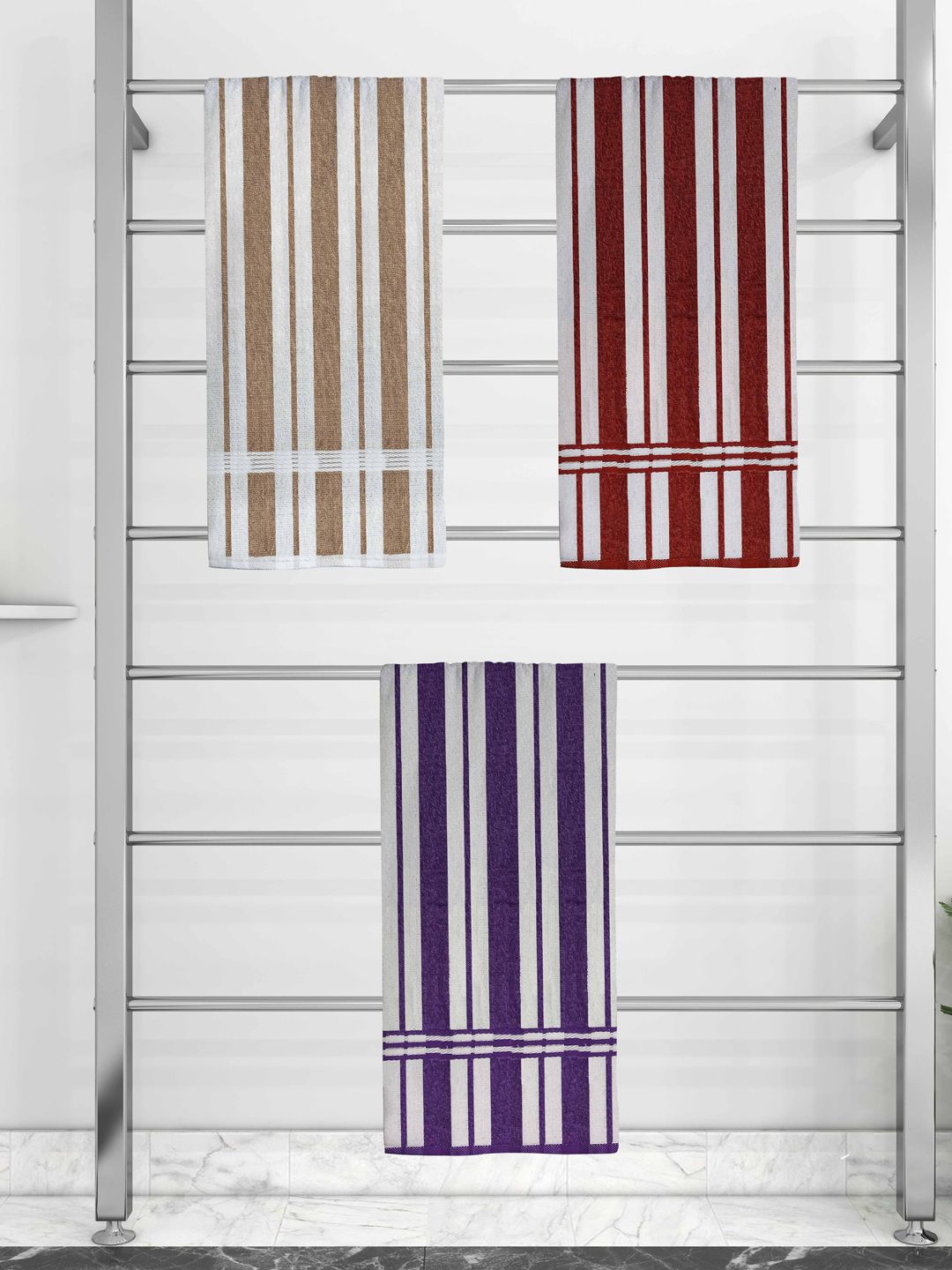 Athom Trendz Pack of 3 Striped 210 GSM Cotton Bath Towel Price in India