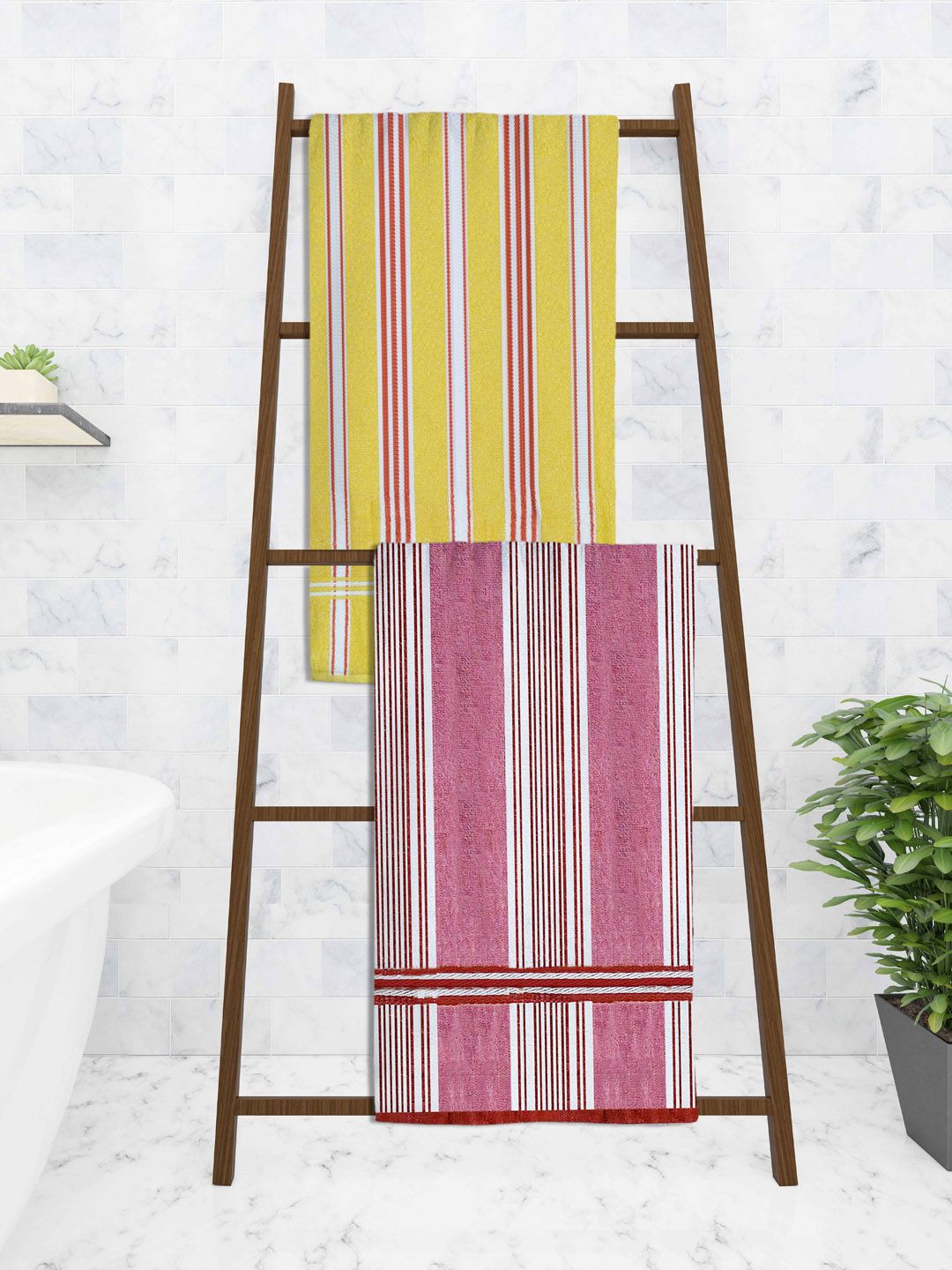 Athom Trendz Set Of 2 Pink & Yellow Striped 210 GSM Pure Cotton Bath Towels Price in India