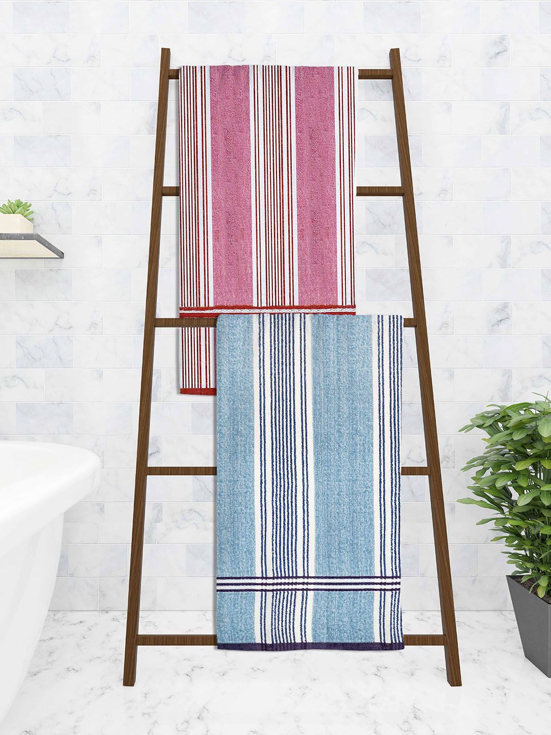 Athom Trendz Set Of 2 Striped 210GSM Cotton Bath Towe Price in India