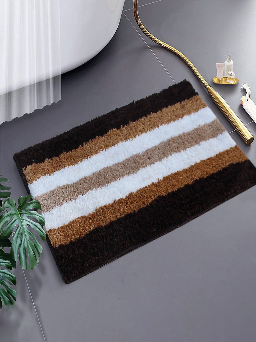 LUXEHOME INTERNATIONAL Coffee Brown & White Striped Anti-Skid Doormat Price in India