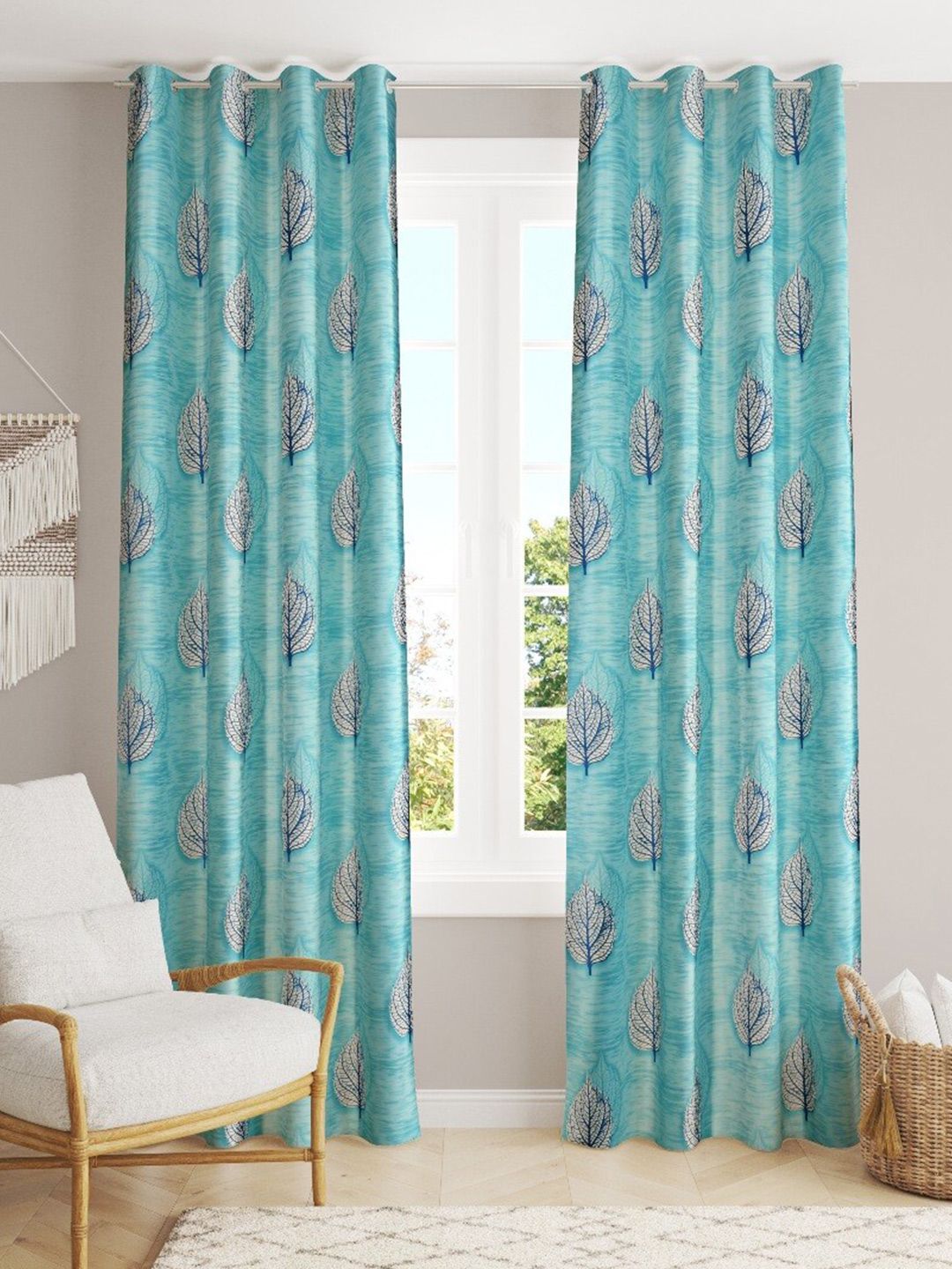 MULTITEX Blue & White Set of 2 Floral Window Curtain Price in India