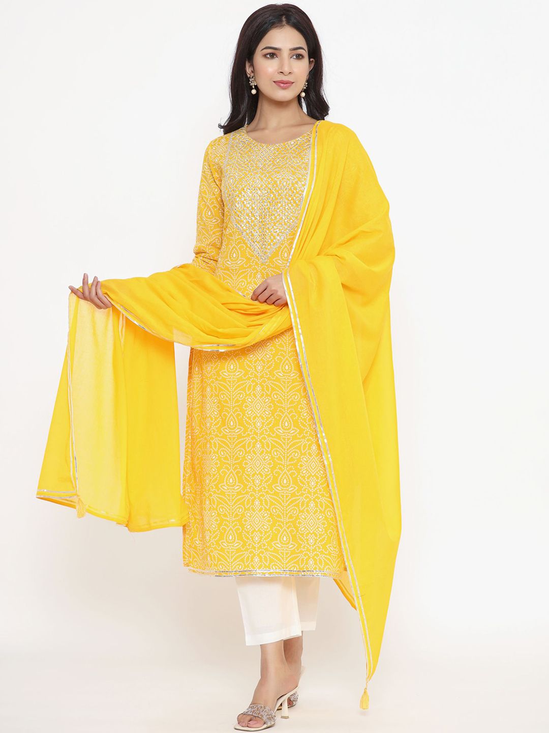 Sutidora Women Yellow Floral Embroidered Sequinned Pure Cotton Kurti with Trousers & With Dupatta Price in India