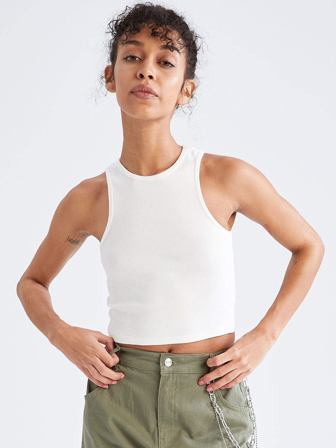 DeFacto Women White Ribbed Tank Crop Top Price in India