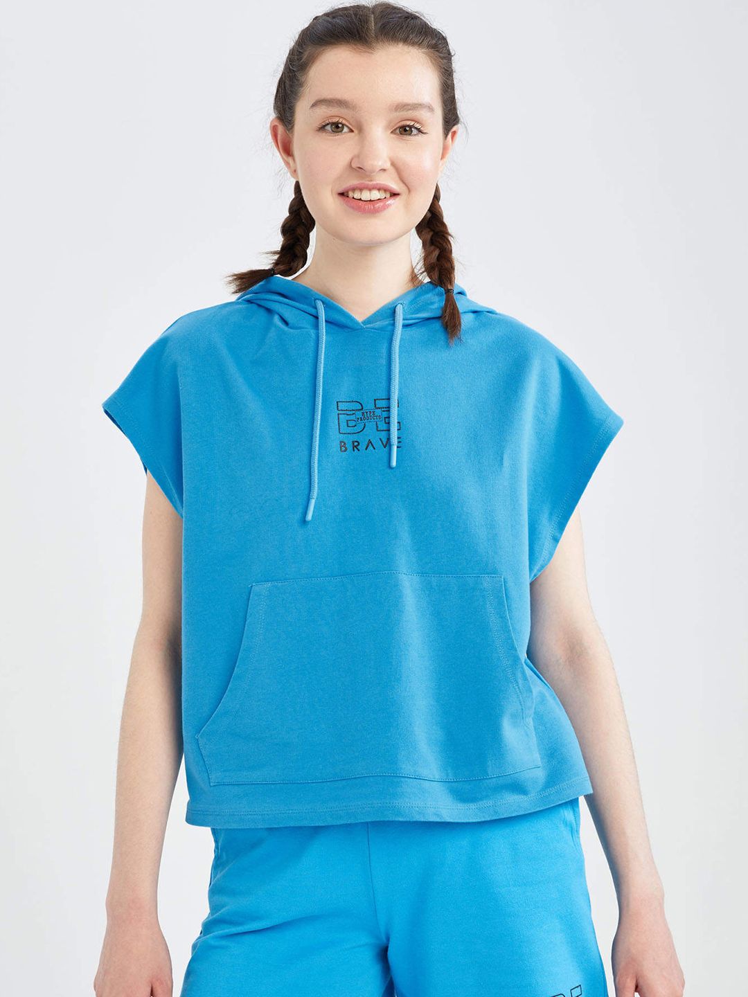 DeFacto Women Blue Pure Cotton Hooded Sweatshirt Price in India