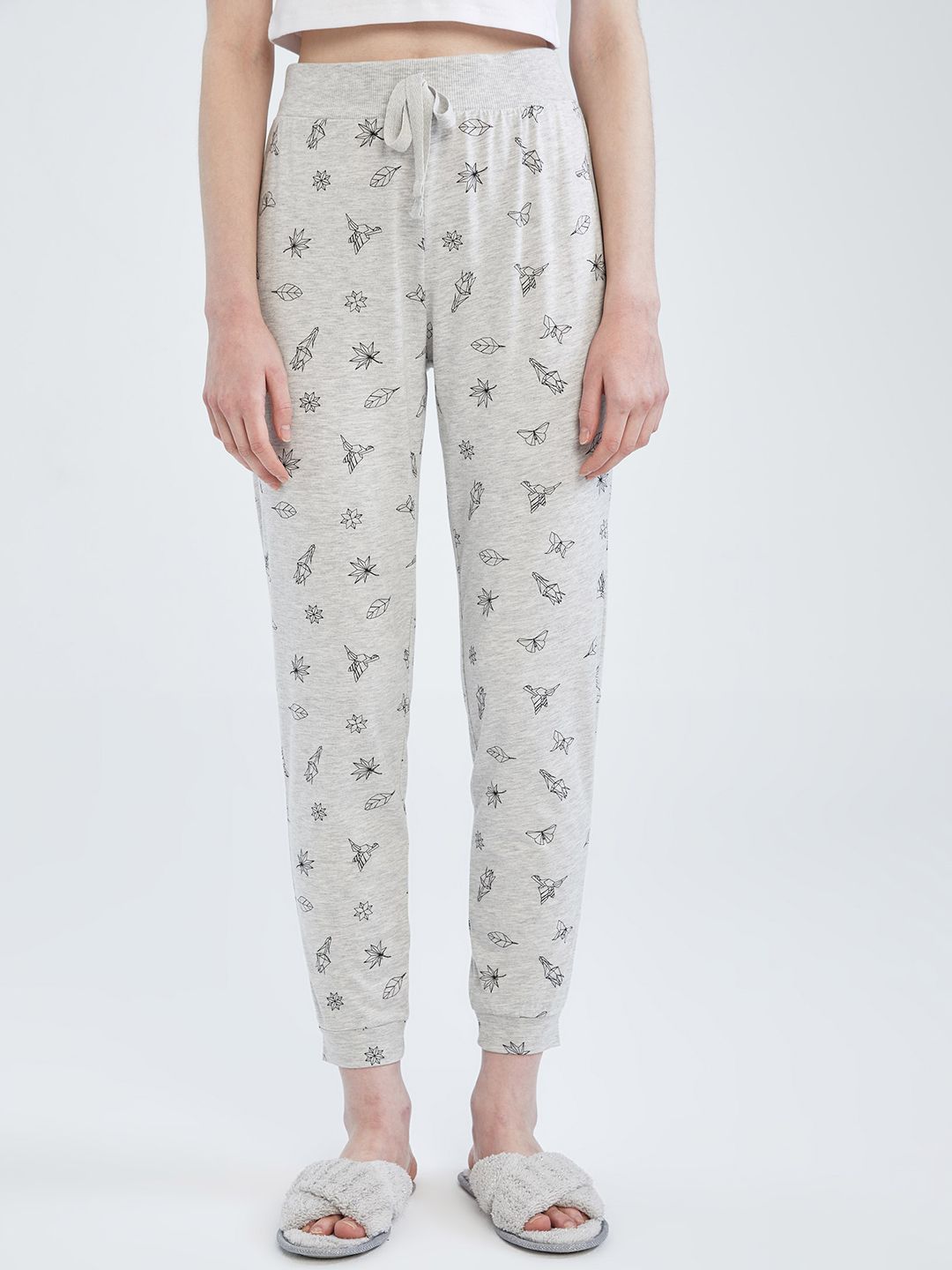 DeFacto Women Grey Melange & Black Graphic Printed Joggers Price in India