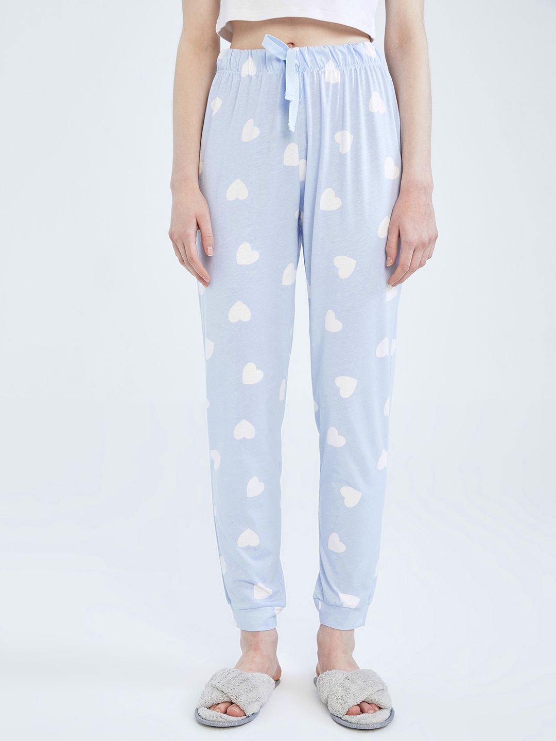 DeFacto Women Blue & White Pure Cotton Conversational Printed Joggers Price in India