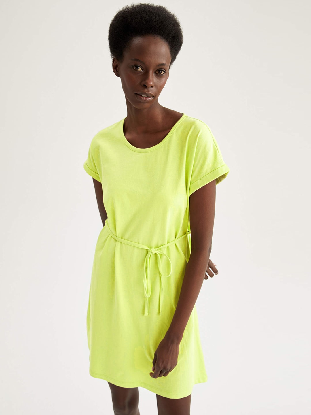 DeFacto Lime Green Solid Round Neck T-shirt Dress Price in India
