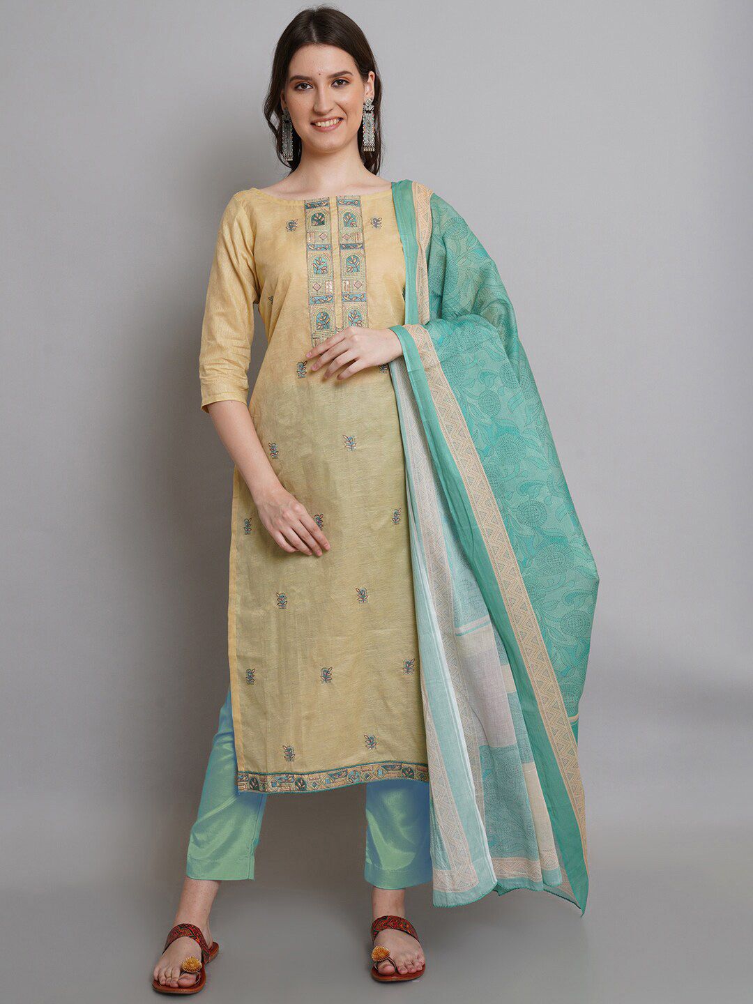 Stylee LIFESTYLE Beige & Green Unstitched Dress Material Price in India