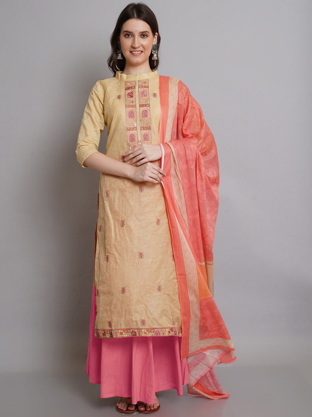 Stylee LIFESTYLE Beige & Pink Unstitched Dress Material Price in India