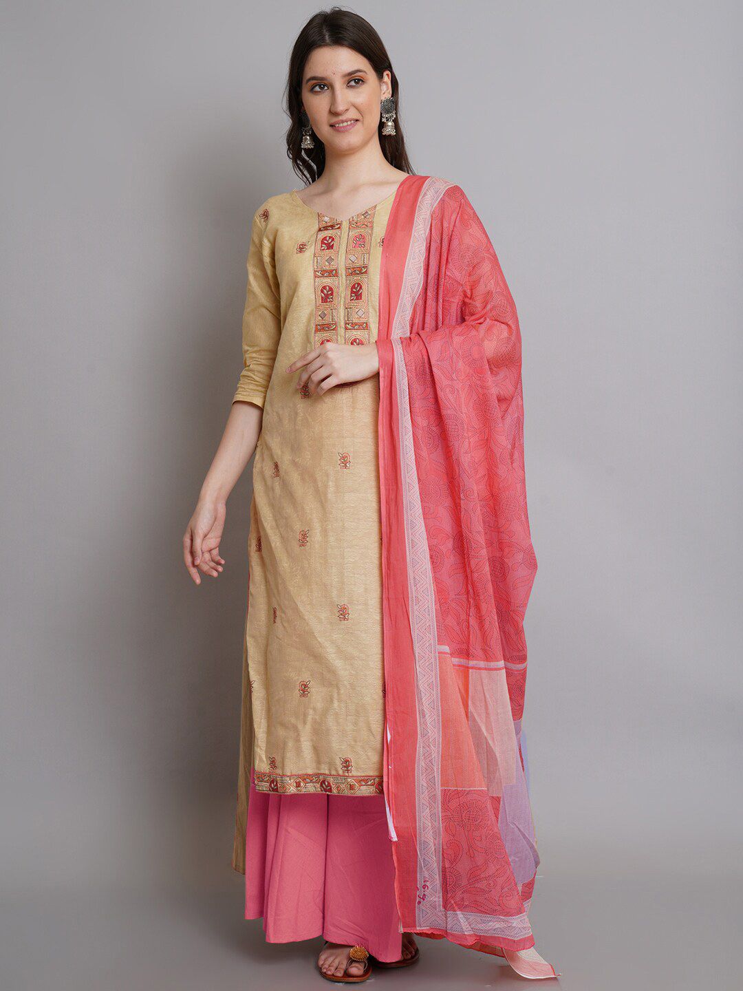 Stylee LIFESTYLE Beige & Pink Unstitched Dress Material Price in India