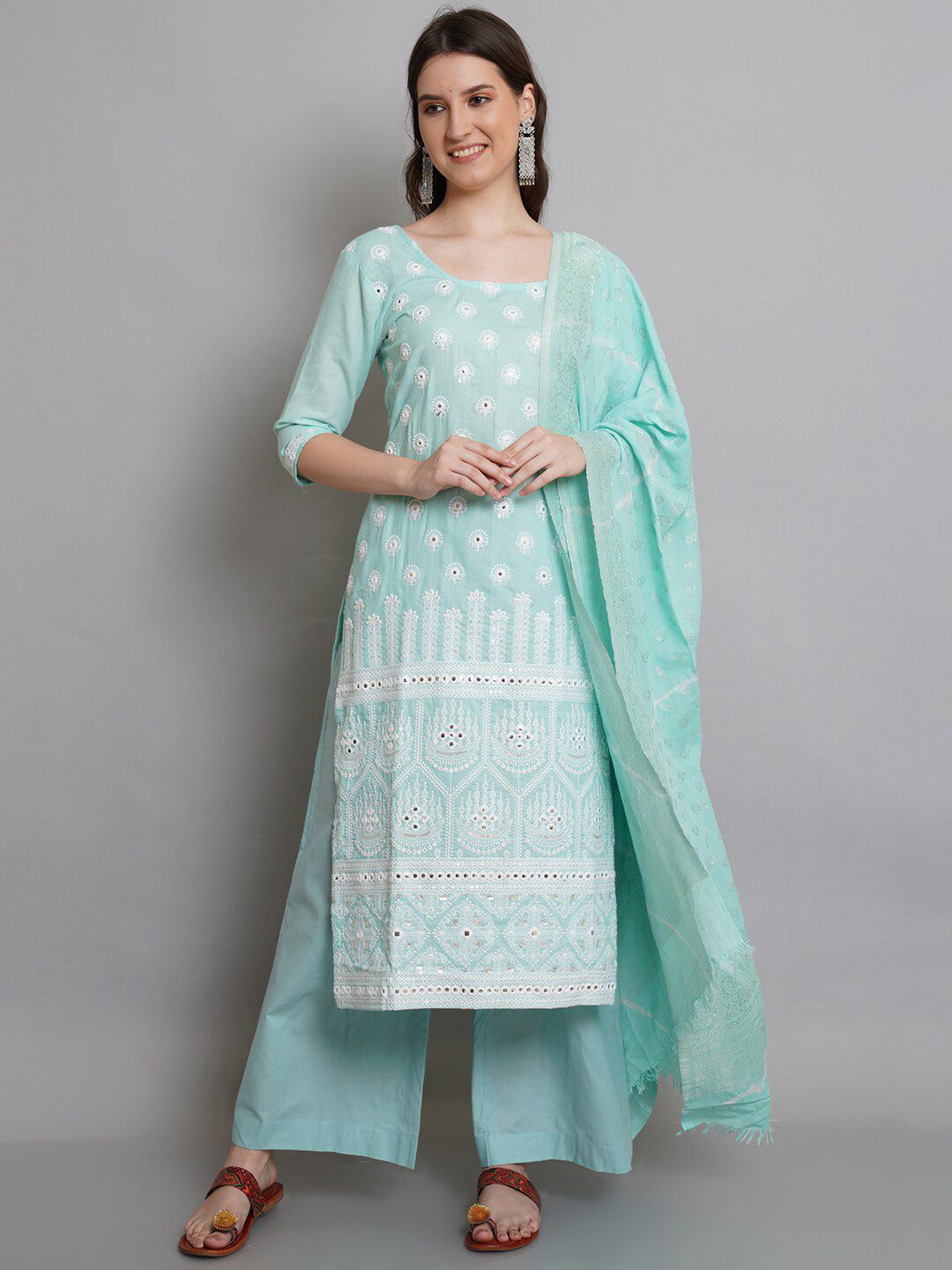 Stylee LIFESTYLE Green & White Unstitched Dress Material Price in India