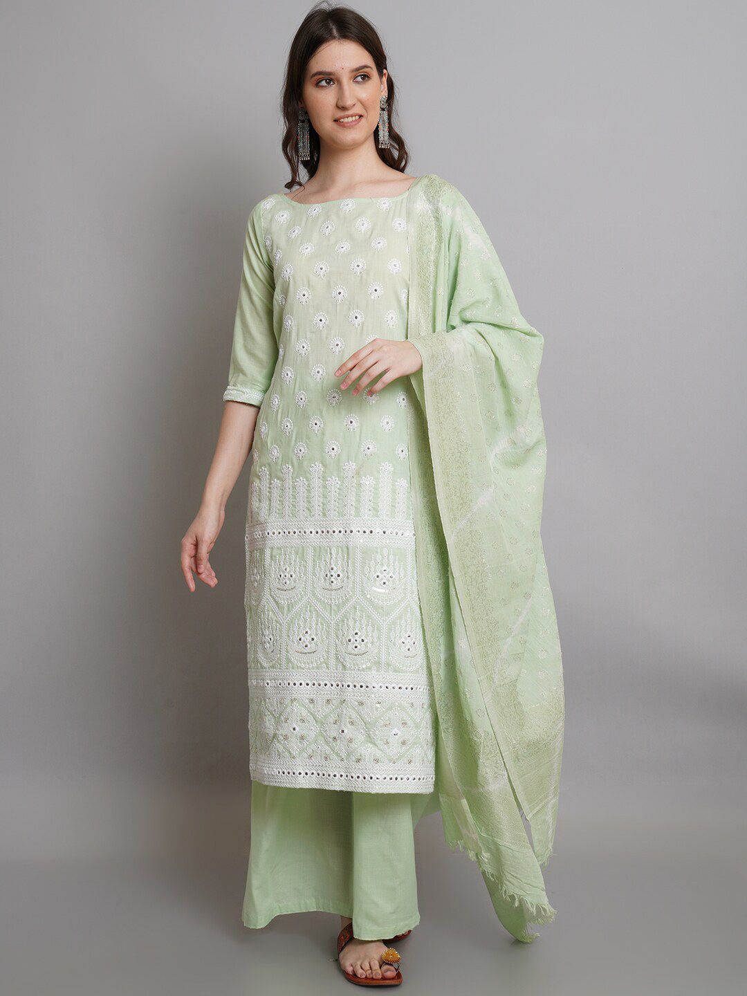 Stylee LIFESTYLE Green & White Unstitched Dress Material Price in India