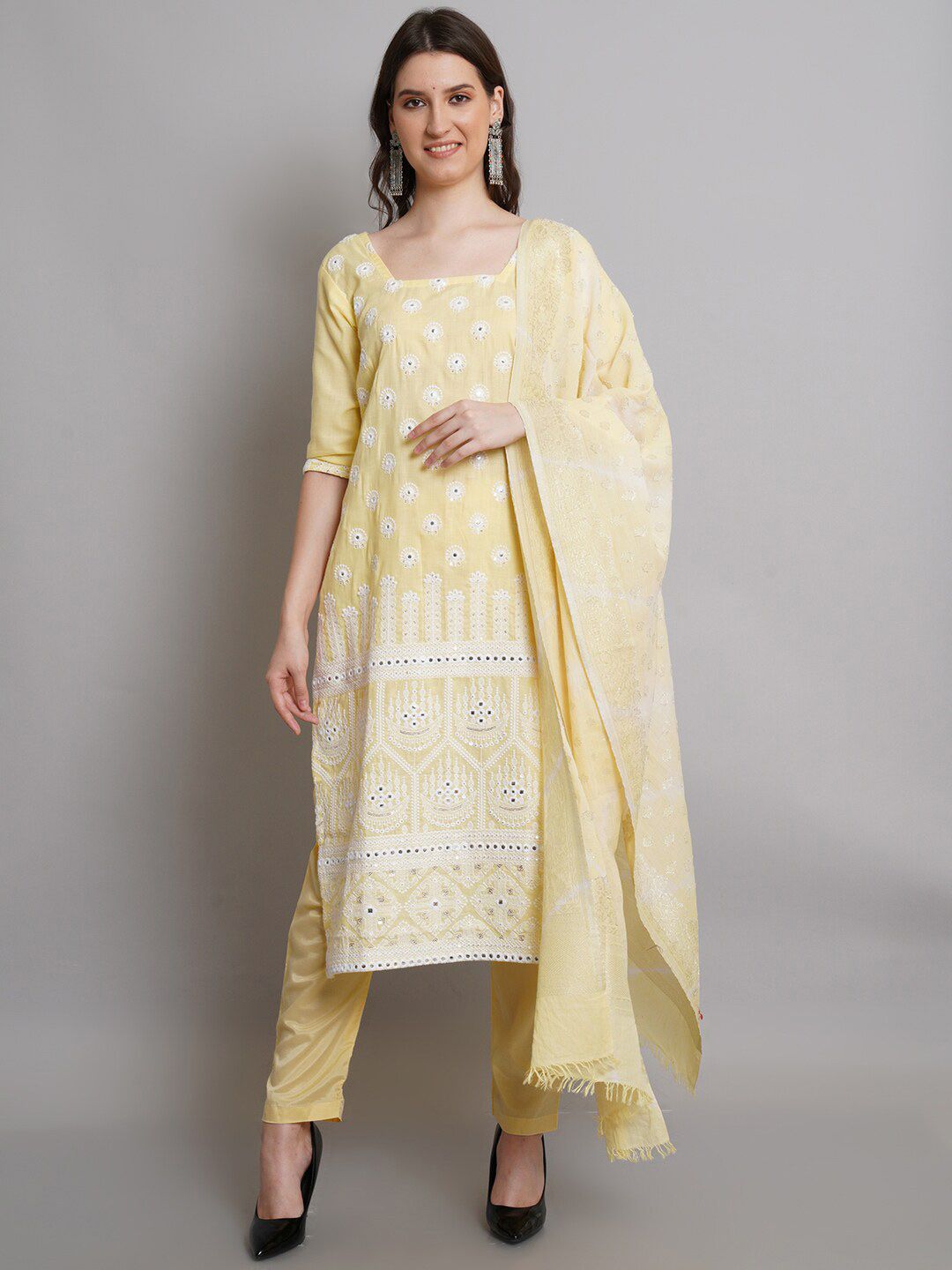 Stylee LIFESTYLE Yellow & White Unstitched Dress Material Price in India