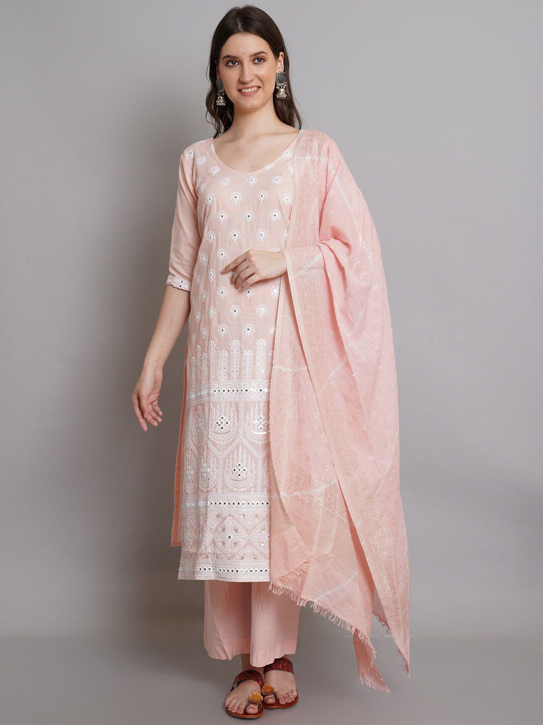 Stylee LIFESTYLE Peach-Coloured & White Unstitched Dress Material Price in India