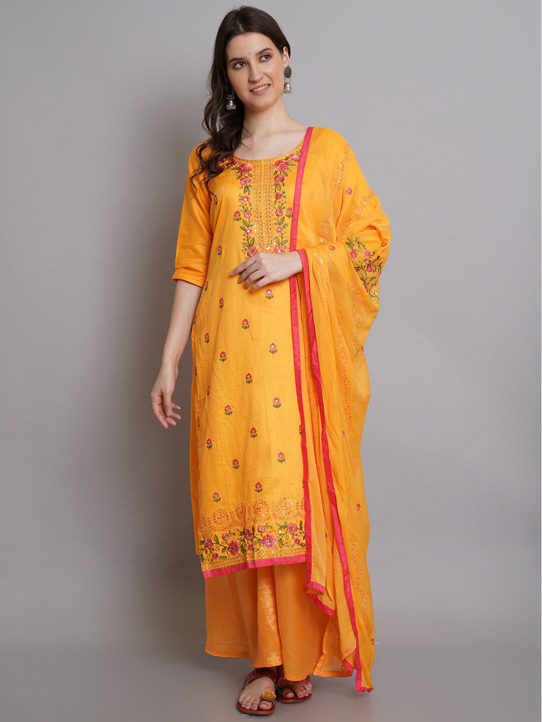 Stylee LIFESTYLE Yellow & Red Unstitched Dress Material Price in India