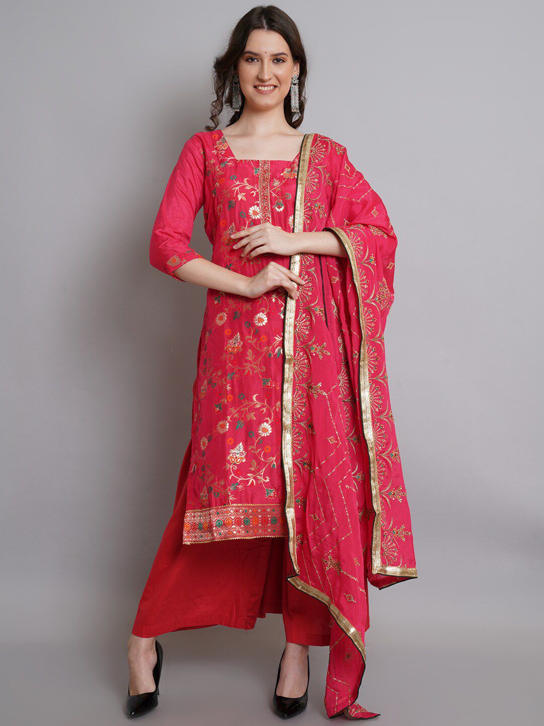 Stylee LIFESTYLE Magenta & Gold-Toned Unstitched Dress Material Price in India