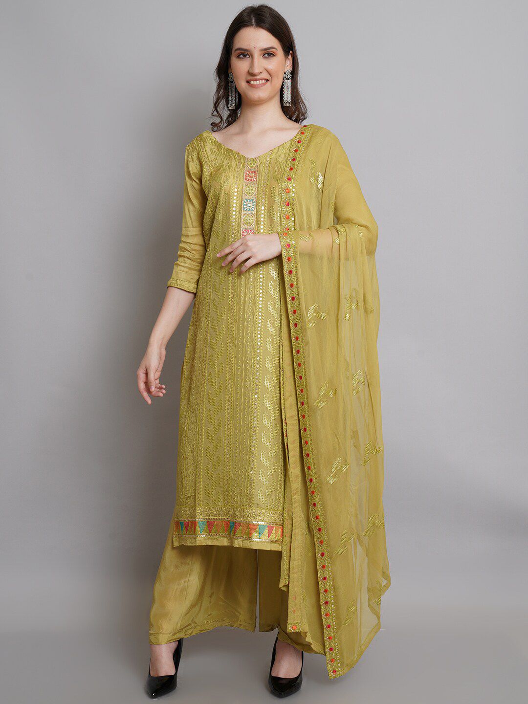 Stylee LIFESTYLE Olive Green & Red Unstitched Dress Material Price in India