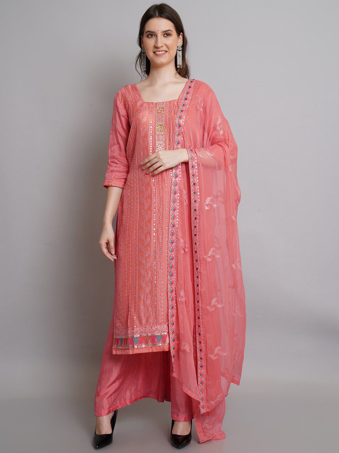 Stylee LIFESTYLE Pink & Gold-Toned Unstitched Dress Material Price in India