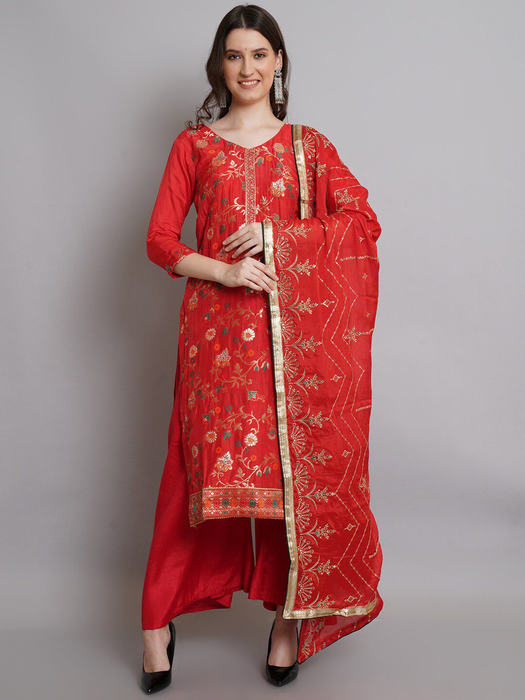 Stylee LIFESTYLE Red & Gold-Toned Unstitched Dress Material Price in India