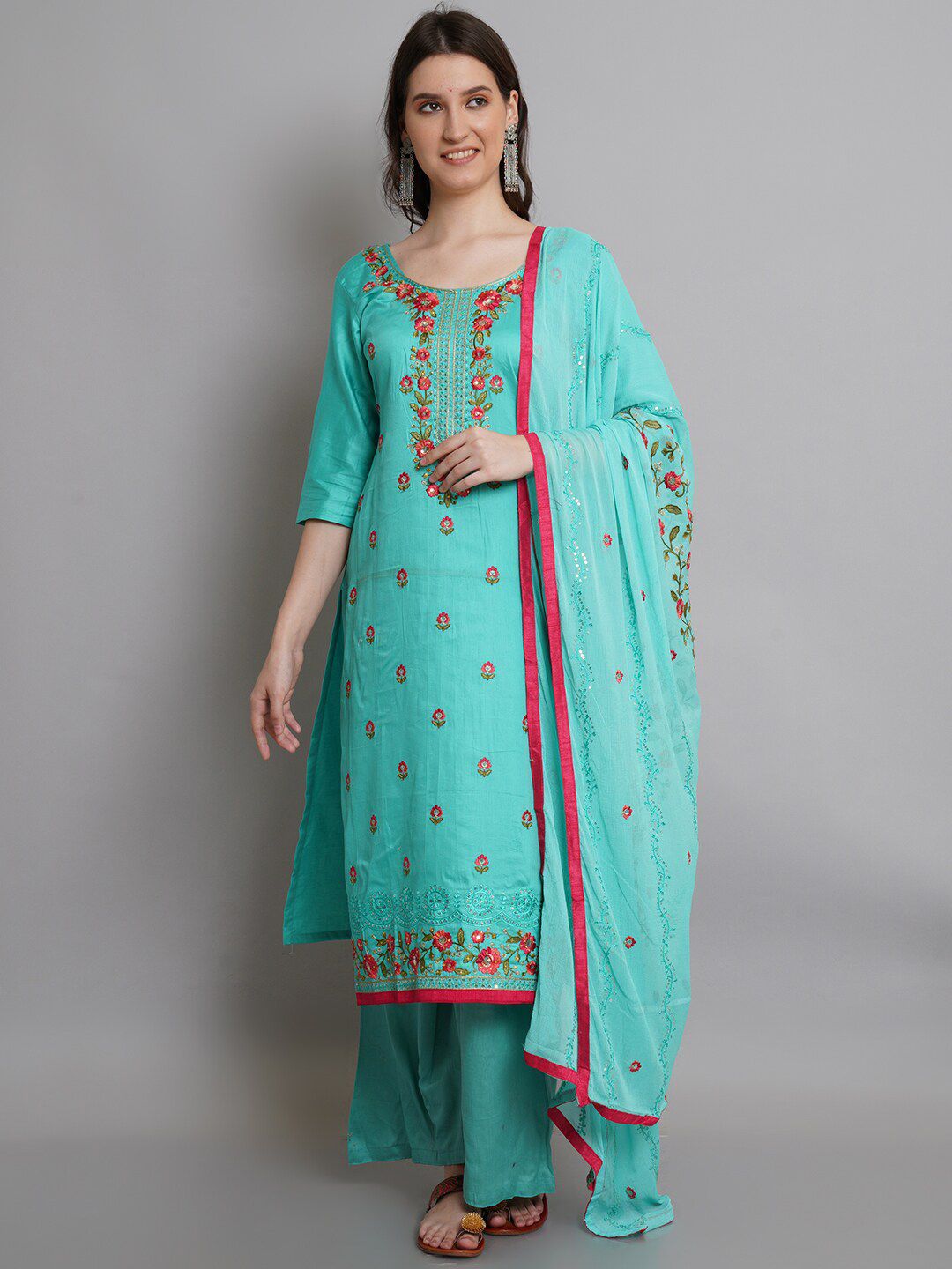 Stylee LIFESTYLE Teal & Red Unstitched Dress Material Price in India