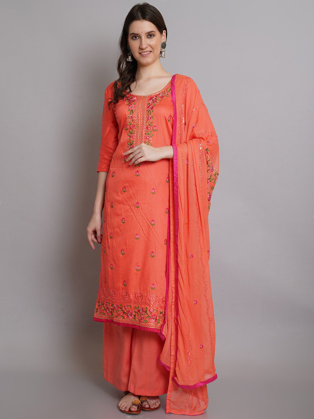Stylee LIFESTYLE Peach-Coloured & Pink Unstitched Dress Material Price in India
