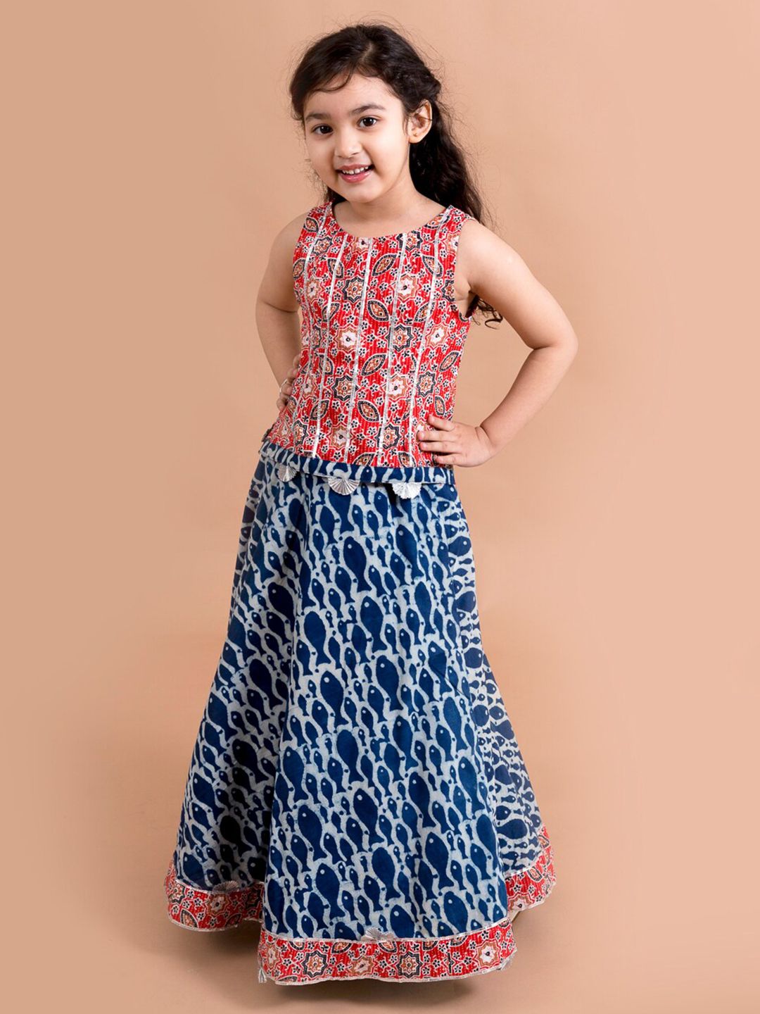 pspeaches Girls Blue & Red Printed Ready to Wear Lehenga & Price in India