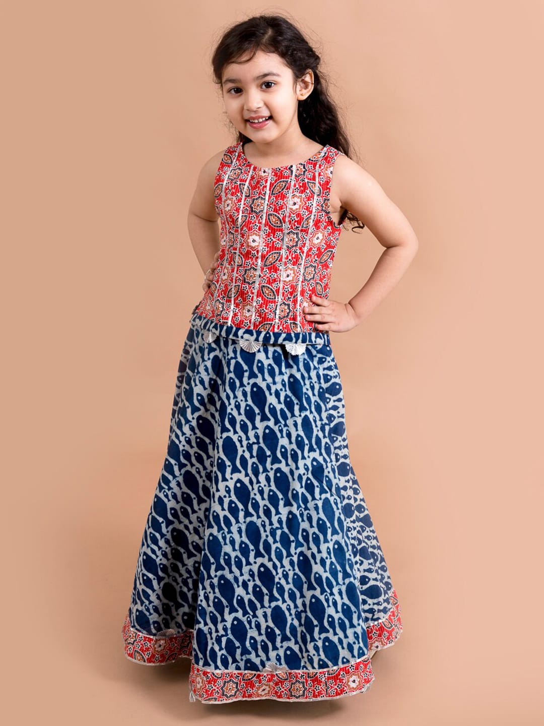 pspeaches Girls Blue & Red Printed Ready to Wear Lehenga & Price in India