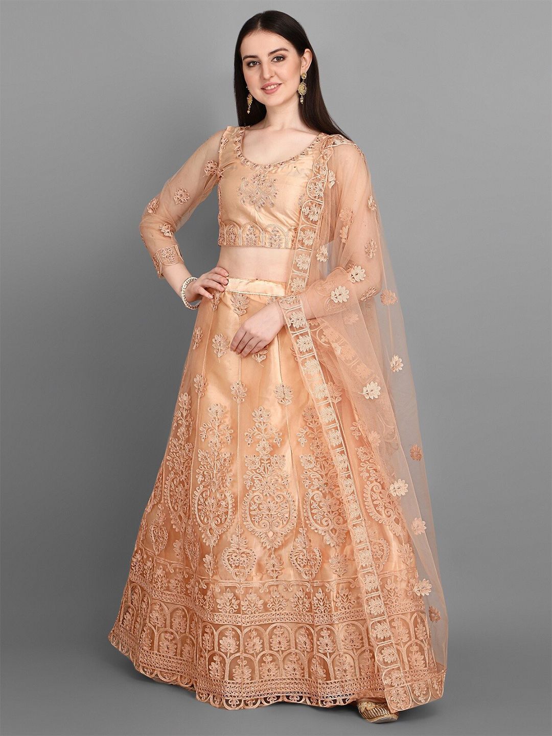 Bollyclues Cream-Coloured Embroidered Semi-Stitched Lehenga & Unstitched Blouse With Dupatta Price in India