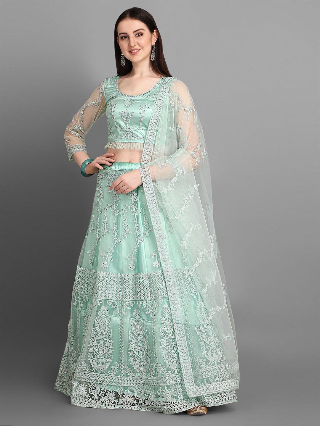 Bollyclues Turquoise Blue & Silver-Toned Embroidered Semi-Stitched Lehenga & Unstitched Blouse With Dupatta Price in India